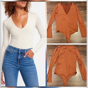 ❤️ EXPRESS BODY CONTOUR COMPRESSION LONG SLEEVE V-NECK THONG BODYSUIT, RUST, L